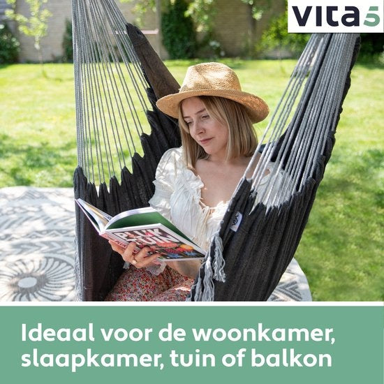 Vita5 XXL Hamac Chair | Nid suspendu intérieur/extérieur | 2 coussins et boîte à livres inclus | Adultes et enfants | Hamac Chair jusqu'à 200kg | Gris foncé