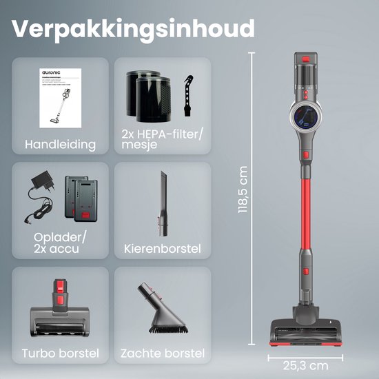 Auronic Stick hoover - Sans fil - Aspirateur autoportant - Sans sac - 350W - Batterie supplémentaire - Aspirateur - Gris/Rouge
