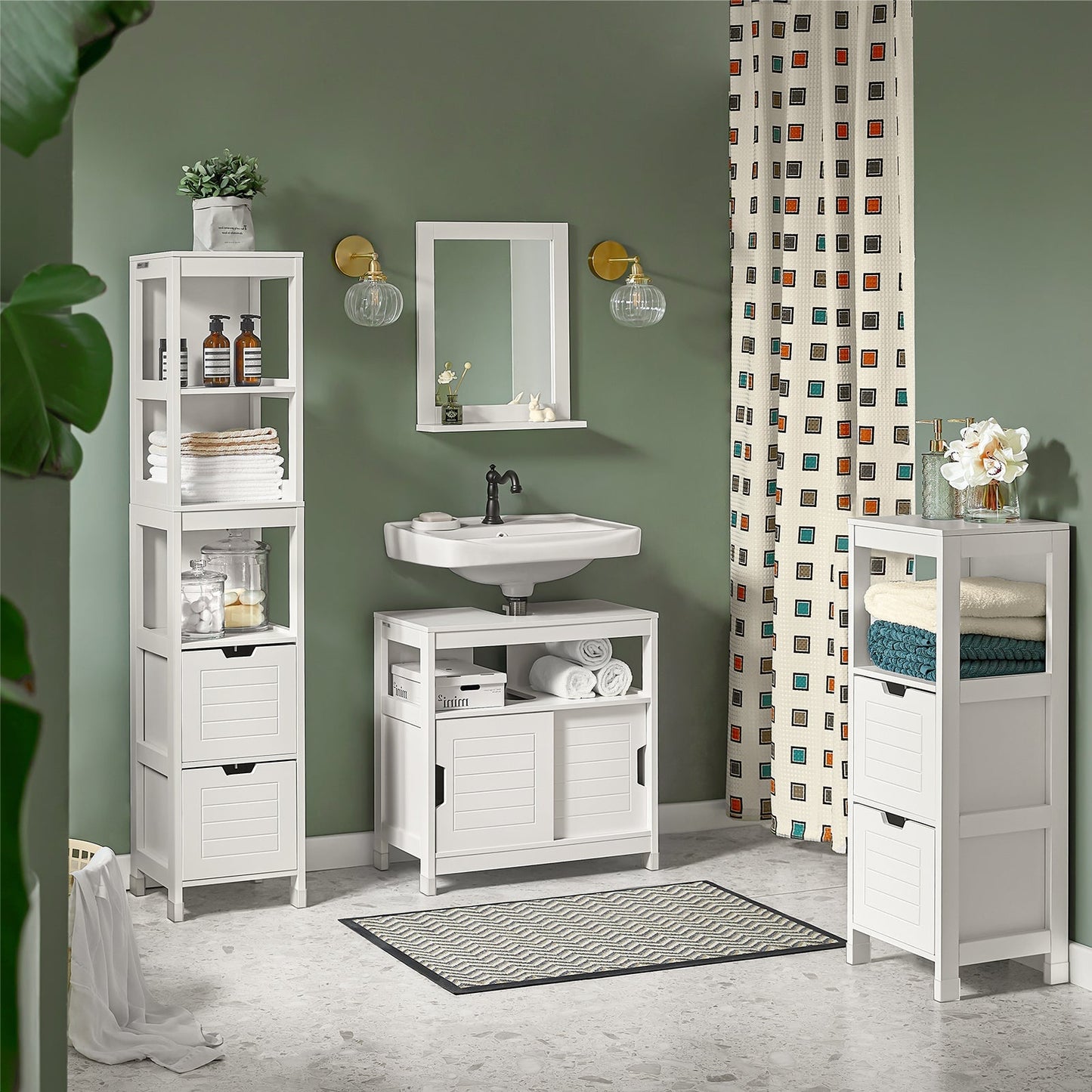 SoBuy Meuble de salle de bain haut avec repose-pieds - 2 tiroirs - acier - 30x30x144cm