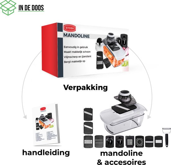 Stosh Mandoline - Coupe-légumes - Coupe-oignons - Coupe-spirale - Râpe - Plastique - 11 pièces - Sans BPA