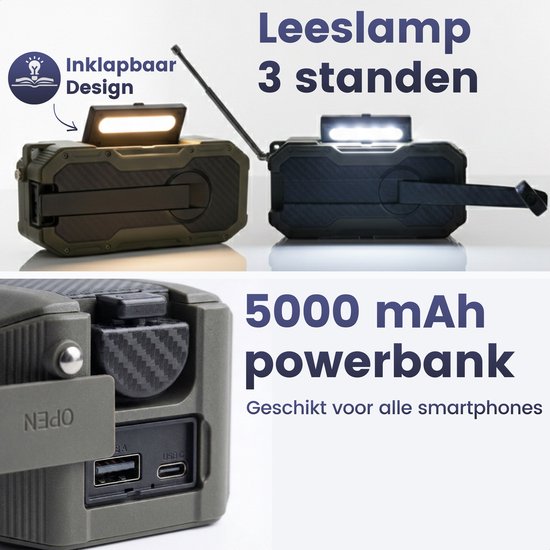 Radio d'urgence à énergie solaire et à remontage manuel - Radio d'urgence DAB+ / FM - Batterie externe de 5 000 mAh à énergie solaire - Radio de chantier - Radio de salle de bains - Kit d'urgence