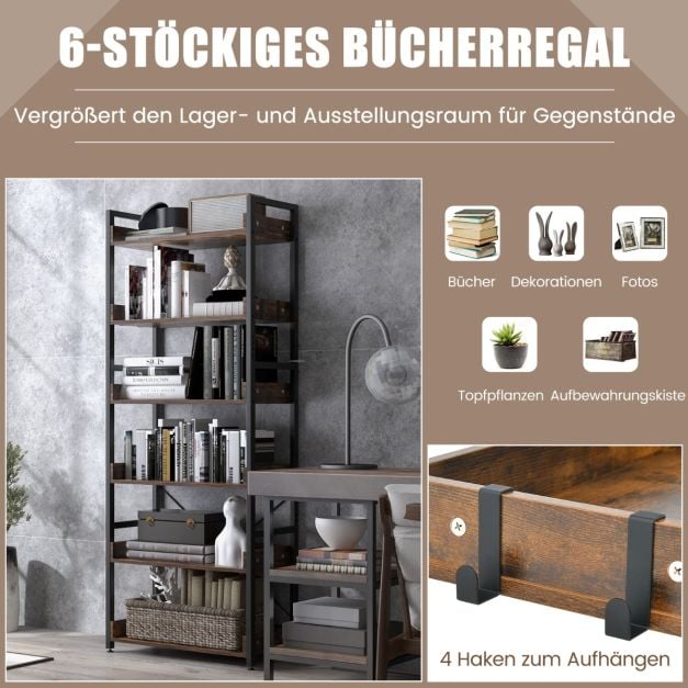 Étagère industrielle Coast avec 6 tablettes et 4 crochets – 69 x 34 x 177 cm – Marron et noir