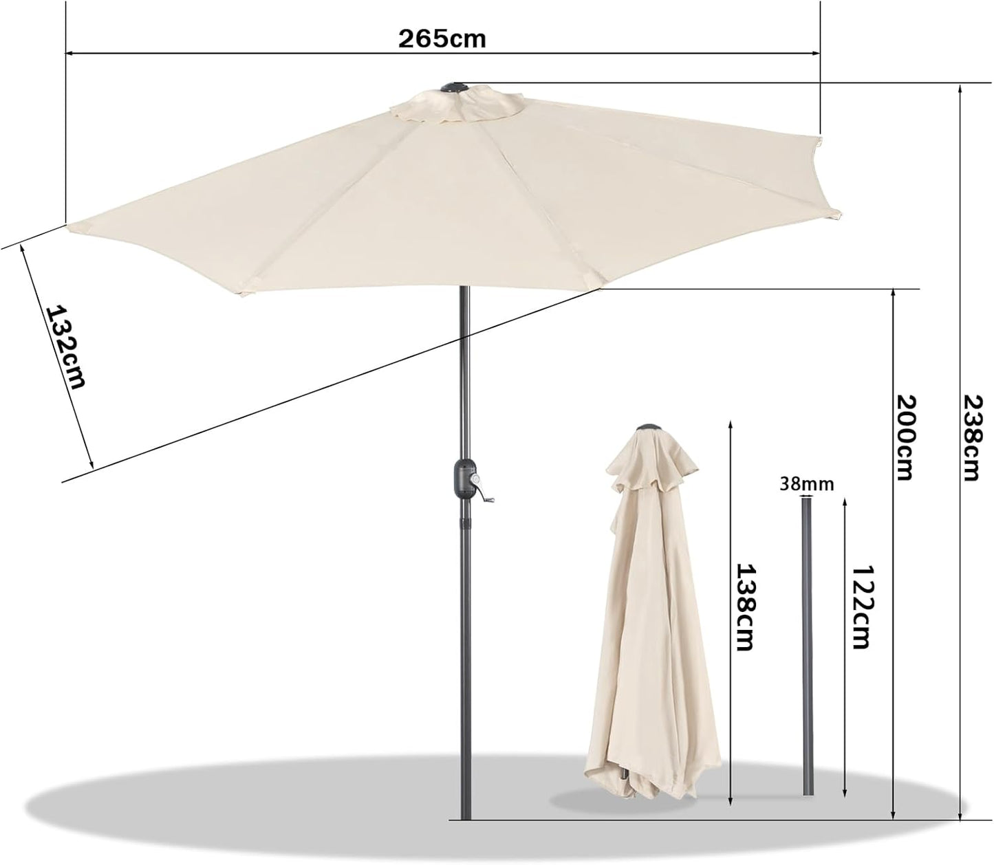 Angel Living Parasol de balcon - Semi-circulaire - 265 x 130 cm - Beige