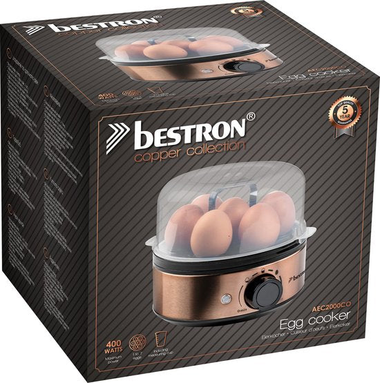 Cuiseur à œufs Bestron - AEC2000CO - 400 W - Pour 7 œufs - avec gobelet doseur et pic à œufs - Cuivre