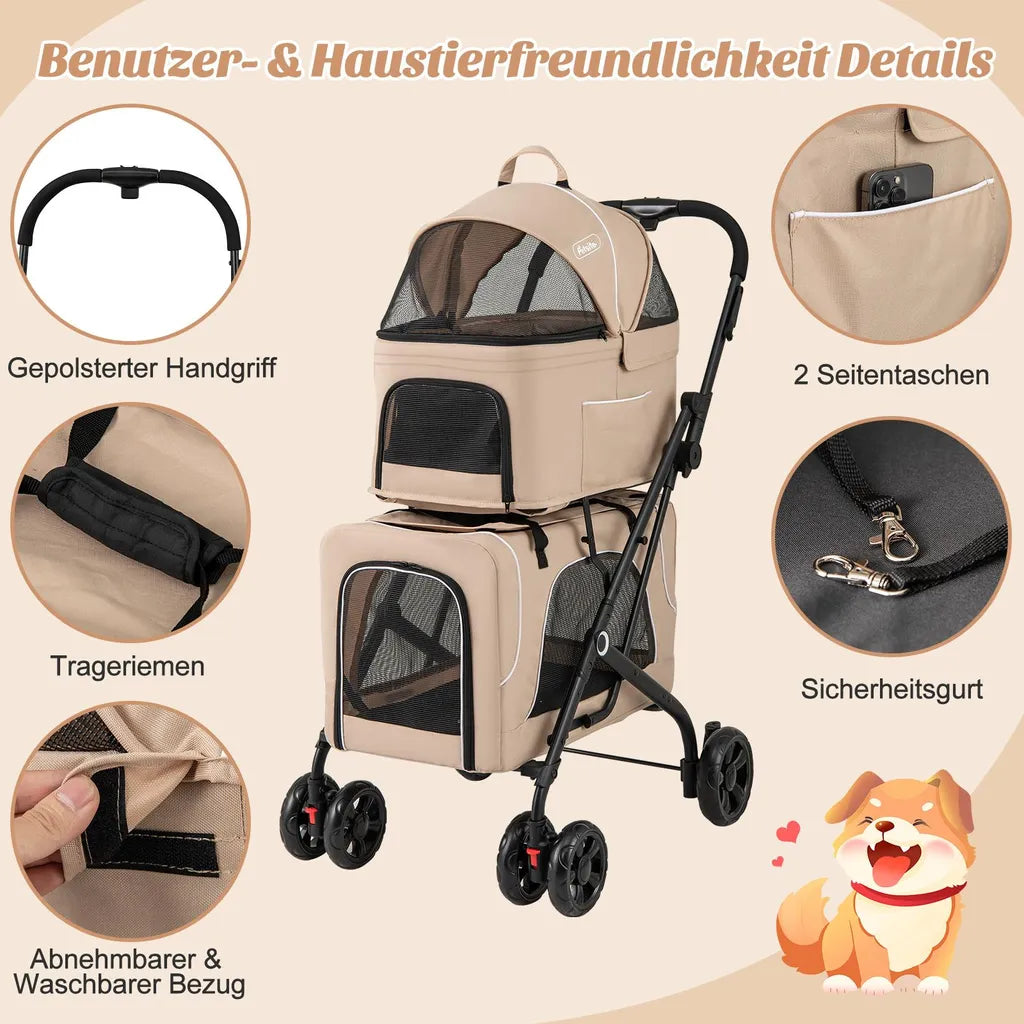 Poussette pour chien Coast 3-en-1 - Beige - Pliable - 53 x 84 x 105 cm