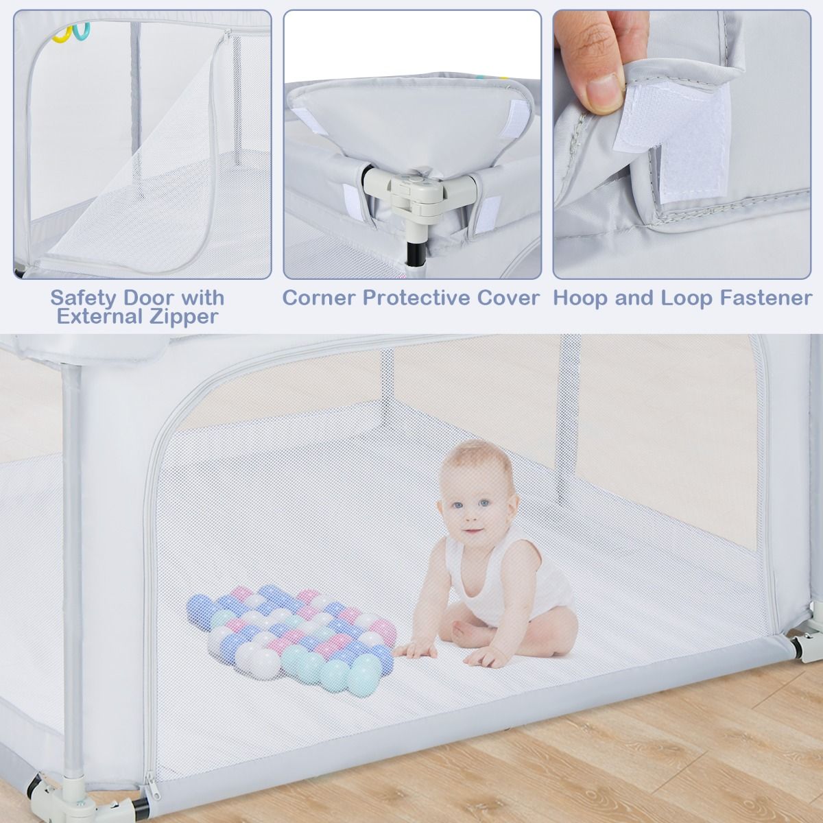 Coast Baby Box pliable 124x124x70 cm Gris avec 50 boules Ocean et 4 poignées - Tissu Oxford, maille respirante