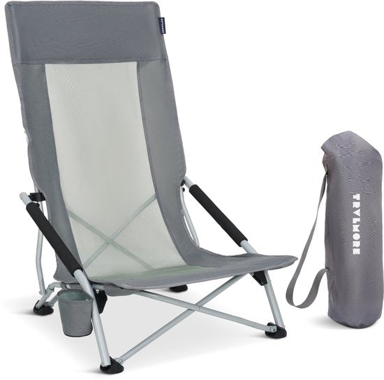 TRVLMORE Chaise de plage - pliable et démontable - capacité de charge de 130 kg - légère - avec sac de transport et porte-gobelet - dossier haut - gris