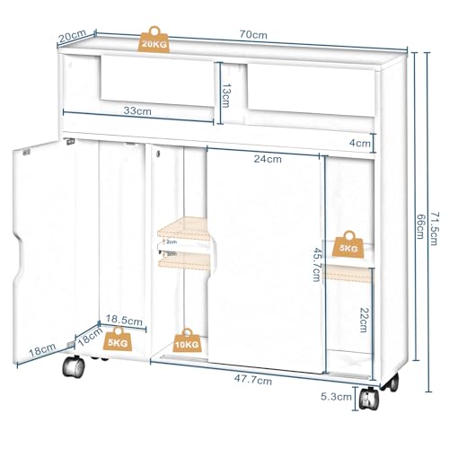 Eugad Armoire de toilette à roulettes multifonctionnelle - MDF blanc - 70 x 20 x 71,5 cm