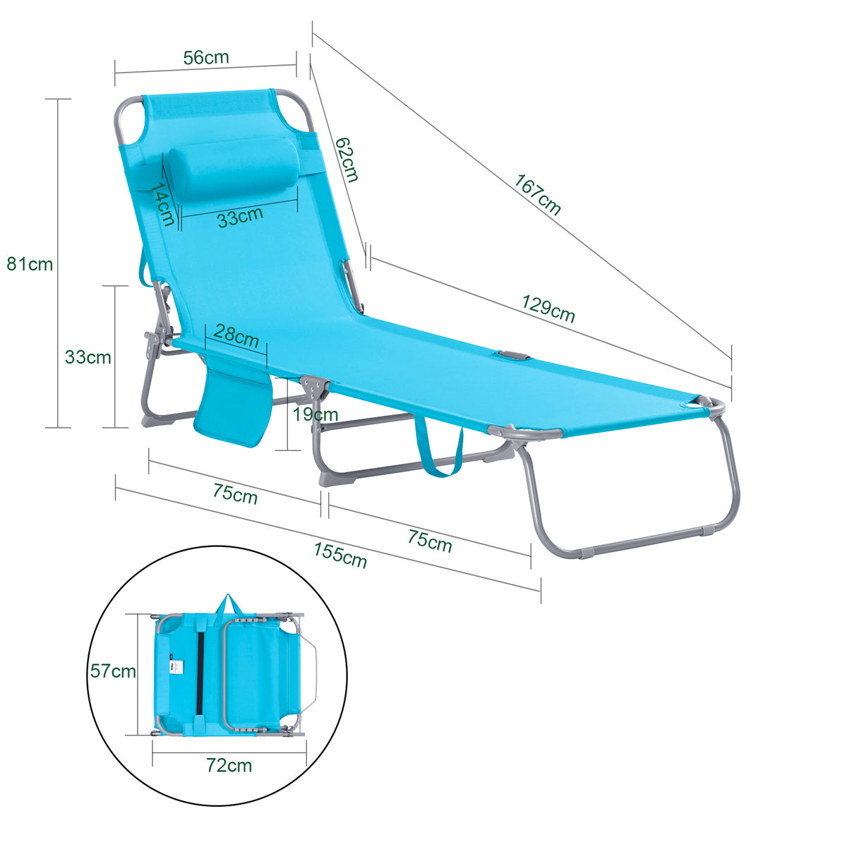 SoBuy Lounger Blue - Chaise longue de jardin pliable et ajustable avec appui-tête et sac de rangement - 57 x 72 x 14 cm replié