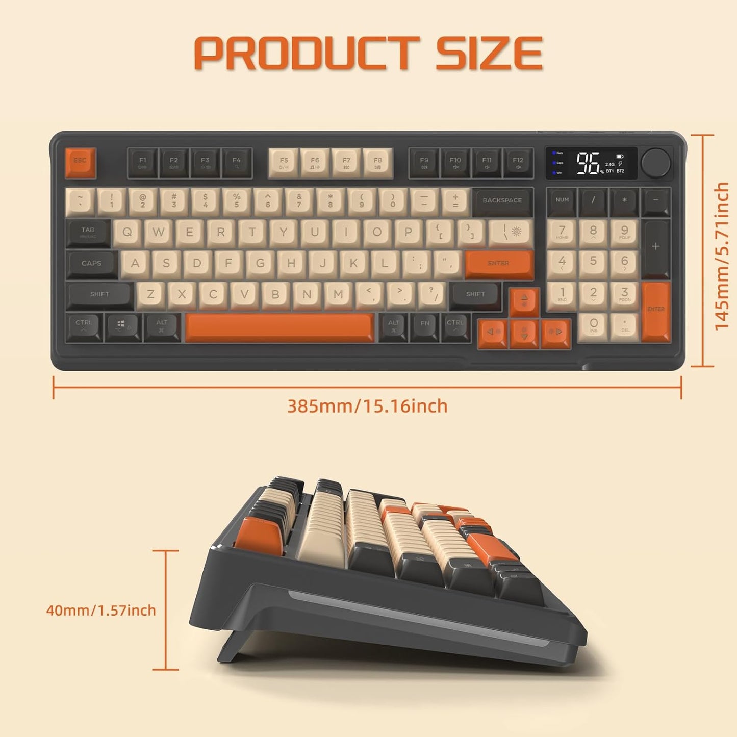 FREEWOLF M96 Wireless Gaming Keyboard, clavier mécanique sans fil Bluetooth/2.4G, rétro-éclairage LED RGB avec écran, capuchon de clavier PBT, 3000mAh, US Layout pour Win/Mac Flickering