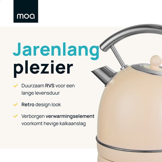 MOA Kettle Retro - 1,8 litre - Bouilloire électrique - Filtre anti-calcaire - sans BPA - acier inoxydable - 2200W - Crème