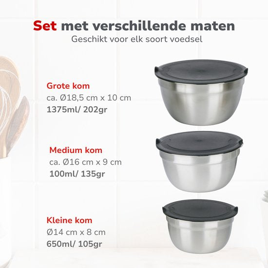 Ensemble de 3 bols en inox Alpina avec couvercle - Bol à salade - Bol à pâte avec couvercle - Bols pour mélanger et conserver - Bol à snacks