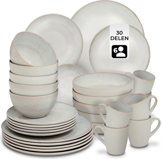 tectake® Service de table Mare - 30 pièces - Faïence à émail brillant - Pour 6 personnes - Service de table fait main - Service de table moderne comprenant des grandes et petites assiettes, des bols, des petits plats et des tasses - Lavable au lave-vaisse