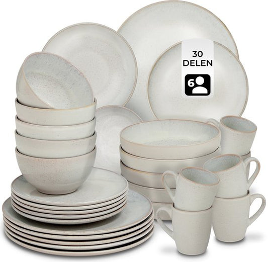 tectake® Service de table Mare - 30 pièces - Faïence à émail brillant - Pour 6 personnes - Service de table fait main - Service de table moderne comprenant des grandes et petites assiettes, des bols, des petits plats et des tasses - Lavable au lave-vaisse
