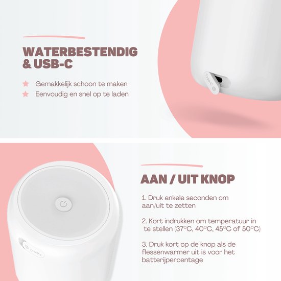 Vulpes Goods® BabyCare - Chauffe-biberon Pro - Chauffe-biberon portable pour les voyages - Chauffe-biberon intelligent - 4 niveaux de température - sans fil - 6 adaptateurs inclus - rechargeable par USB - 13 200 mAh - blanc