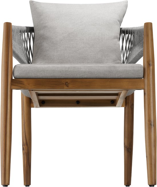 tectake® Lot de 2 chaises de jardin Manacor - Chaise de jardin en forme de corde - Chaise de balcon - Chaise d'extérieur en bois d'acacia verni résistante aux intempéries - Gris/Beige - Chaises de jardin, de balcon, de terrasse