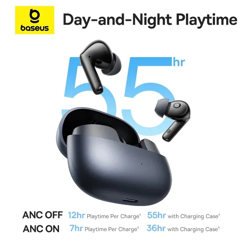 Écouteurs Baseus Bass EP10 Pro TWS - Réduction active du bruit adaptative (ANC) de 50 dB - Bluetooth 6.0 - LDAC - IP55 - Noir - 55 heures