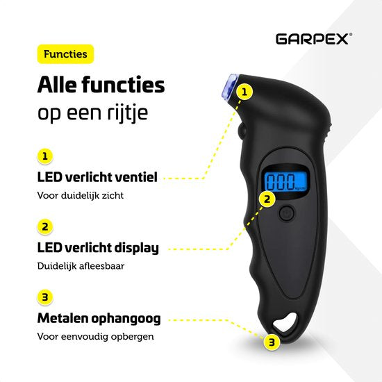 Garpex® Tyre Pressure Gauge - Manomètre pour pneus - Lampe de poche intégrée - Numérique - Manomètre