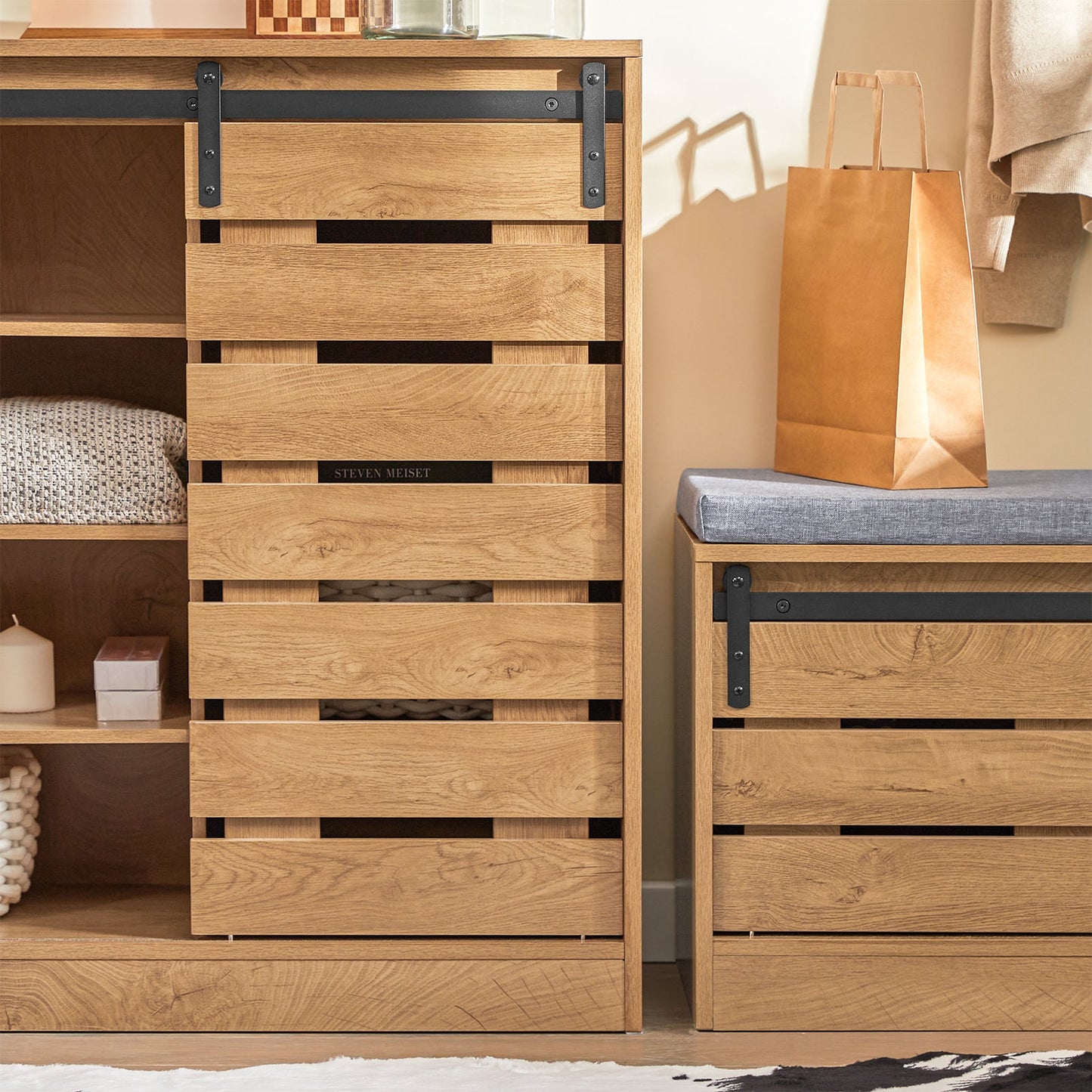 SoBuy FSB65-N Buffet / Meuble à chaussures avec porte coulissante - 80x35x89 cm - Chêne - Design industriel