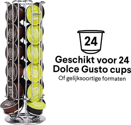 Zindoo Porte-capsules à café - Support pour tasses à café - 24 tasses - Capsule - Dolce Gusto - Rotatif - Café - Espresso - Support en métal - Antidérapant - Distributeur de tasses - Organisateur de blocs - Argent - Porte-capsules à café