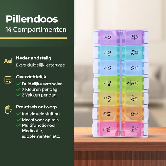Boîte à pilules Gandria 7 jours - Boîte à pilules - Boîte à pilules avec 14 compartiments - Boîte à médicaments avec fermeture solide - Grands compartiments - Différentes couleurs