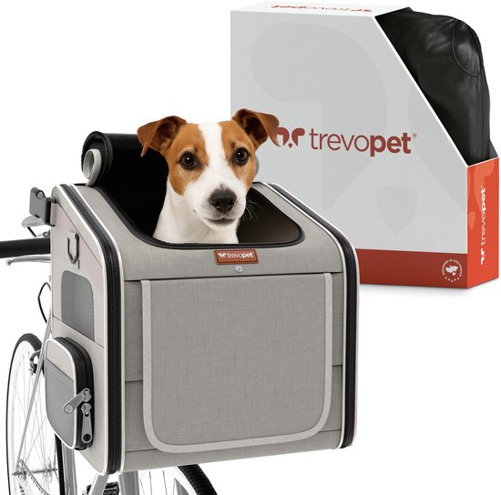 Trevopet® Panier à vélo pour chien - Panier à vélo 4 en 1 pour chien, sac de transport, sac à dos et siège auto - Convient aux vélos électriques - Pour les chiens jusqu'à 8 kg - Gris