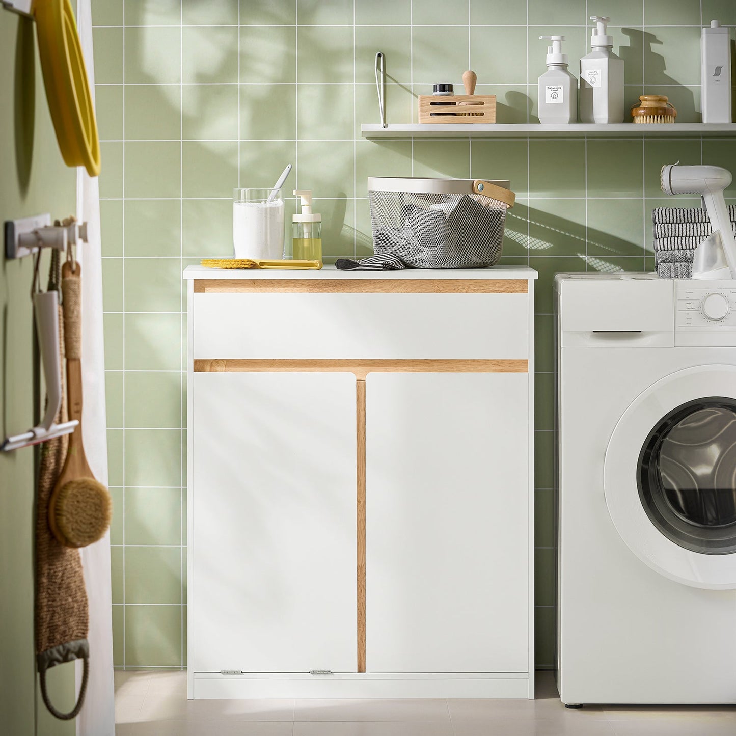 SoBuy Meuble de salle de bains - avec tiroir et sac à linge amovible - 71 x 33 x 85 cm - blanc