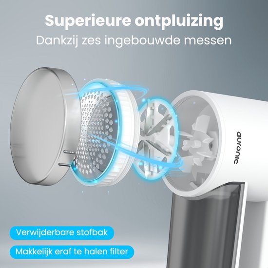 Auronic Electric Lint Remover Pro - Tondeuse à peluches - Autonomie 120 minutes - Rechargeable - Affichage LED - Défoliateur - Blanc
