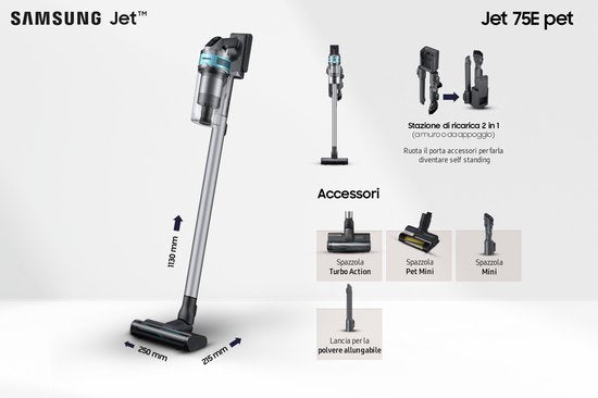 Samsung Jet 75E - 200W - Aspirateur à manche - avec Pet Tool - VS20B75AGR1