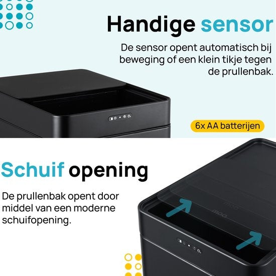 MOA Sensor Waste Bin - 50 litres - acier inoxydable & ABS durable - Antidérapant - Couvercle silencieux - Mode de fermeture différée - Noir - SB50VB
