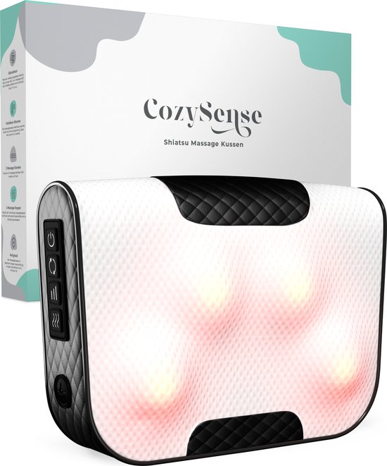 CozySense® Coussin de massage Shiatsu - Appareil de massage électrique et sans fil pour le cou et le dos - Fonction de chaleur - Rechargeable - Ergonomique - Blanc