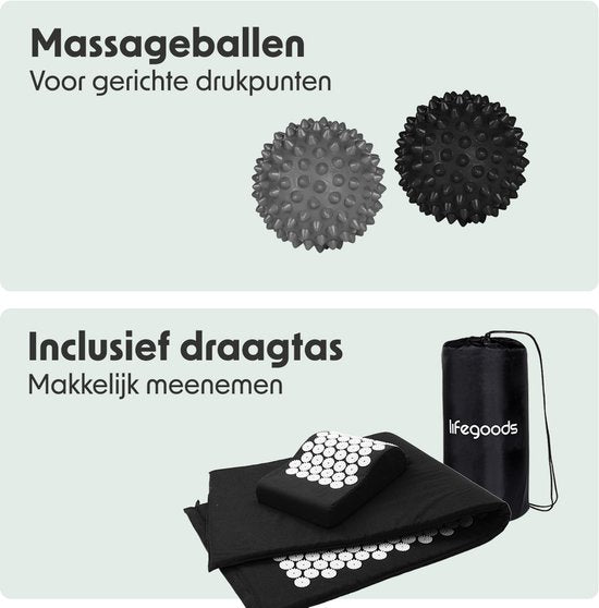 LifeGoods Tapis d'acupression XL - avec coussin - Tapis Shakti - Tapis pour ongles avec 2 balles pour points de déclenchement - 128x48x2cm - Noir/Blanc