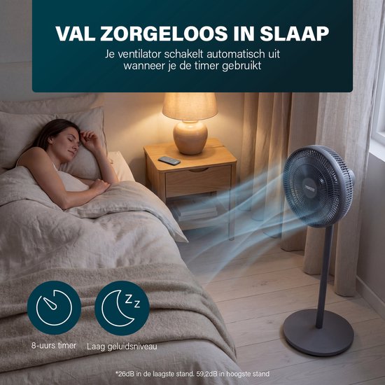Ventilateur sur pied Princess DC – Ultra silencieux - ⌀44 cm – 12 vitesses – Oscillation – Minuterie 1 à 8 heures – Avec télécommande – 30 W – Gris - 354822