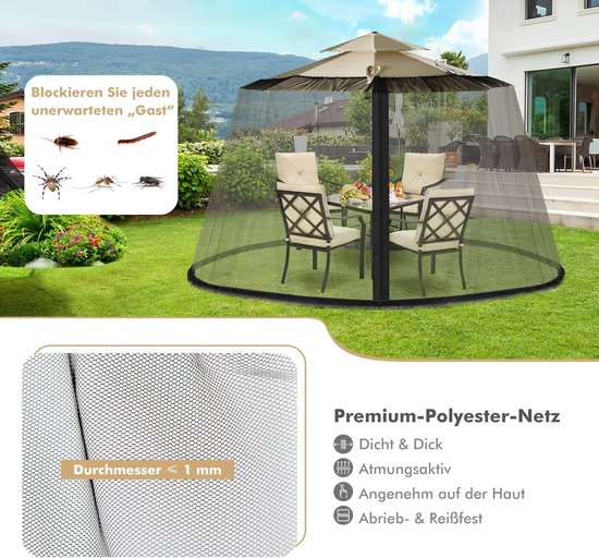 Moustiquaire réglable pour parasols de 250-300 cm, protection contre les insectes avec 2 portes, base remplissable, moustiquaire, moustiquaire.