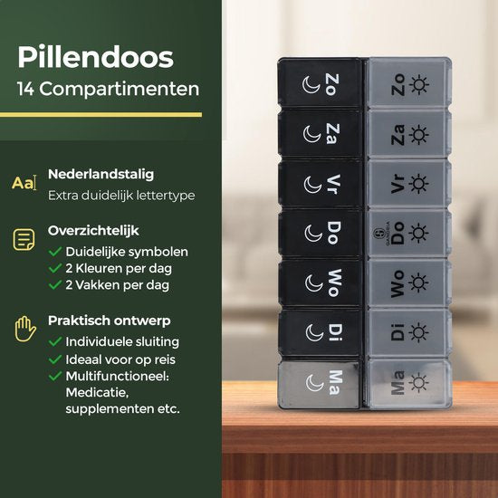 Boîte à pilules Gandria 7 jours - Boîte à pilules - Boîte à pilules avec 14 compartiments - Boîte à médicaments avec fermeture solide - Grands compartiments - Noir