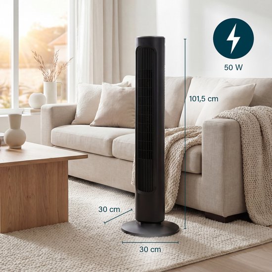 Ventilateur sur pied Princess DC 101 cm – Ultra silencieux – 12 vitesses – Oscillation – Minuterie 1 à 8 heures – Avec télécommande – Ventilateur sur pied – 50 W – Noir – 352390