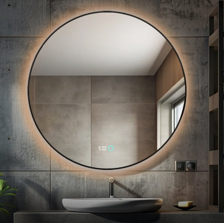 Miroir Lumoire Neon 8000 avec éclairage - Bord noir - Ø 80 cm - Rond, anti-buée, en forme d'horloge