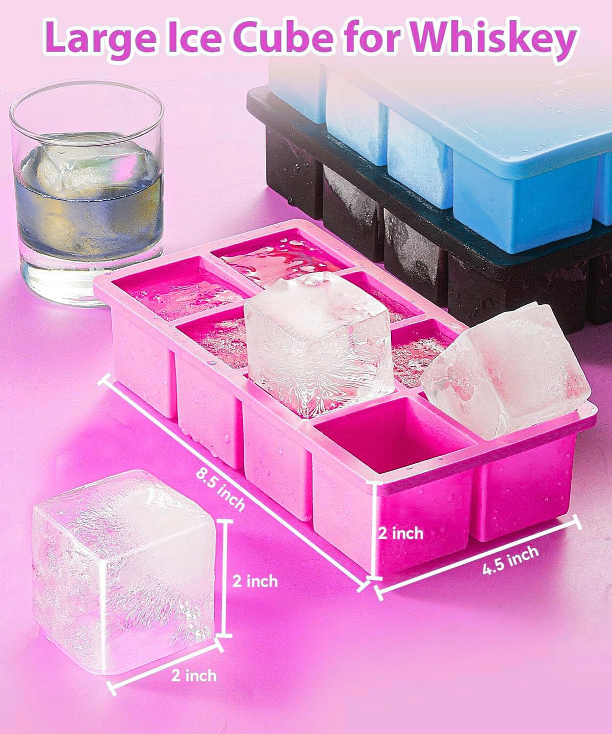 Lxndaser : lot de 2 bacs à glaçons grands formats avec couvercle - 16 glaçons carrés de 4,6 cm - Étanches et empilables - Rose foncé et rose clair