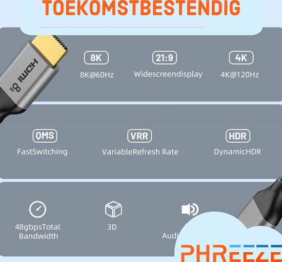 HDMI vers HDMI 8K@60hz - Nylon - Gris moderne - 3M