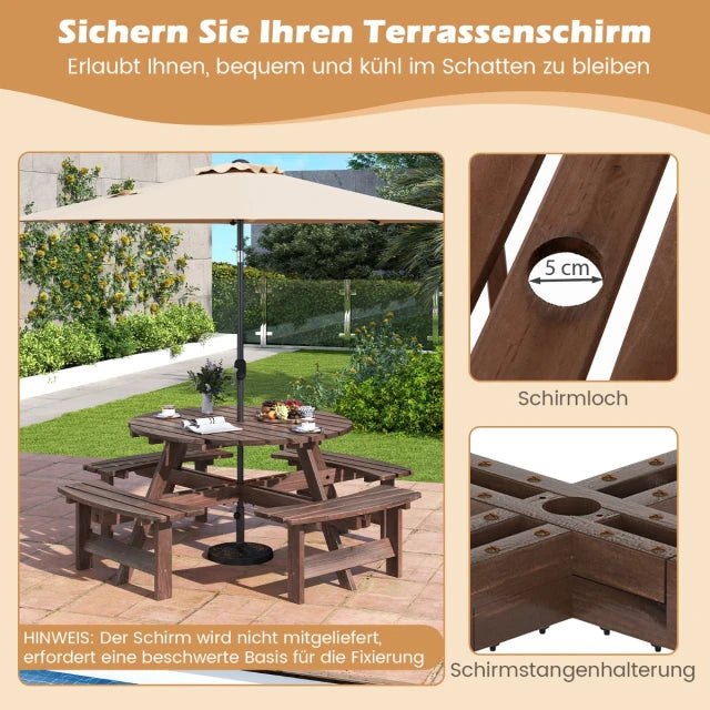 Ensemble de table de pique-nique Coast - 166,5 x 166,5 x 76 cm - 8 personnes - Bois - Trou pour parasol - Marron