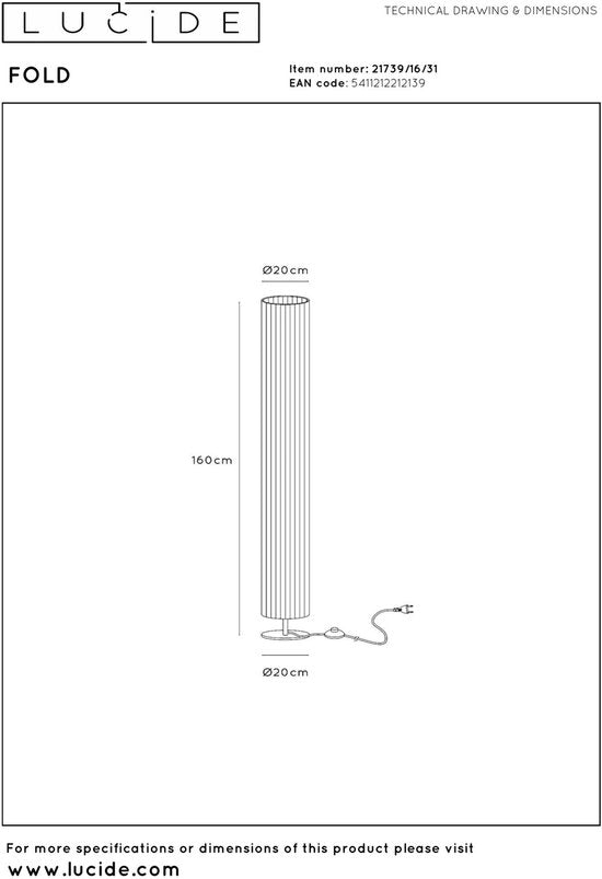 Lucide FOLD - Lampadaire - Ø 20 cm - 3xE27 - Blanc - Japandi