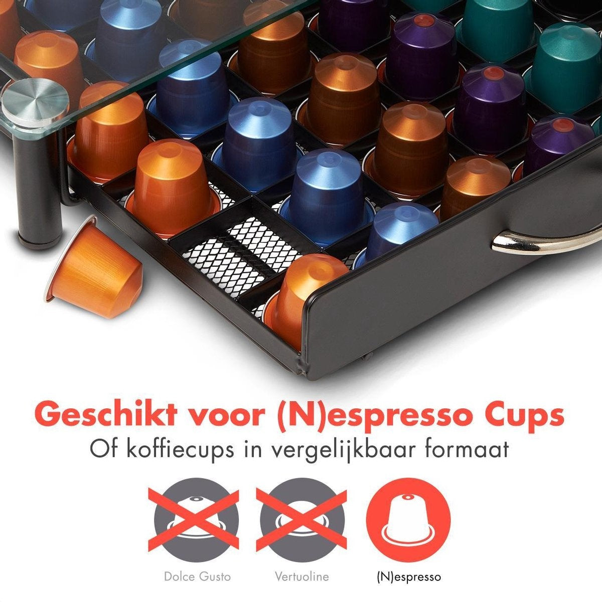 KitchenBrothers Porte-capsules - avec tiroir - Nespresso - 60 tasses - Verre - inox/noir