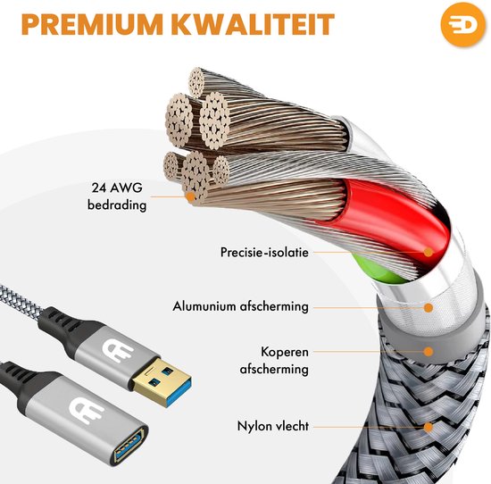 Drivv. Rallonge USB Premium 3.0 - Mâle vers femelle - Câble de données USB - Transfert rapide - 5 Gbps - Nylon - 3 mètres - Gris
