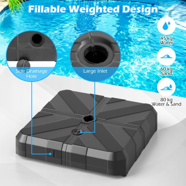 Coast Robust Black Parasol Base 67x67x13 cm - Remplissable avec de l'eau et du sable jusqu'à 80 kg, Portable Square Parasol Stand for Offset Parasol 300 cm