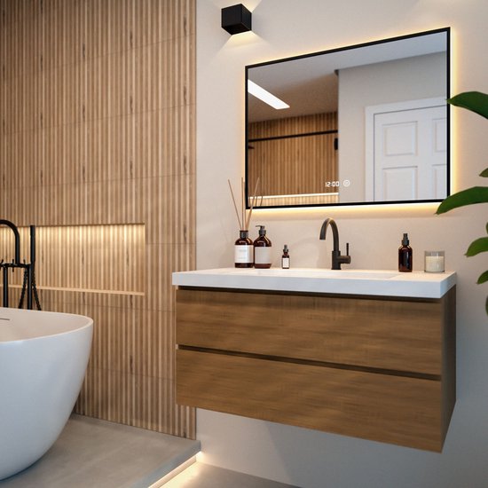Mirlux Miroir de salle de bain avec éclairage LED et chauffage - Miroir mural rectangulaire - Miroir de douche anti-condensation - 80x60CM - Noir