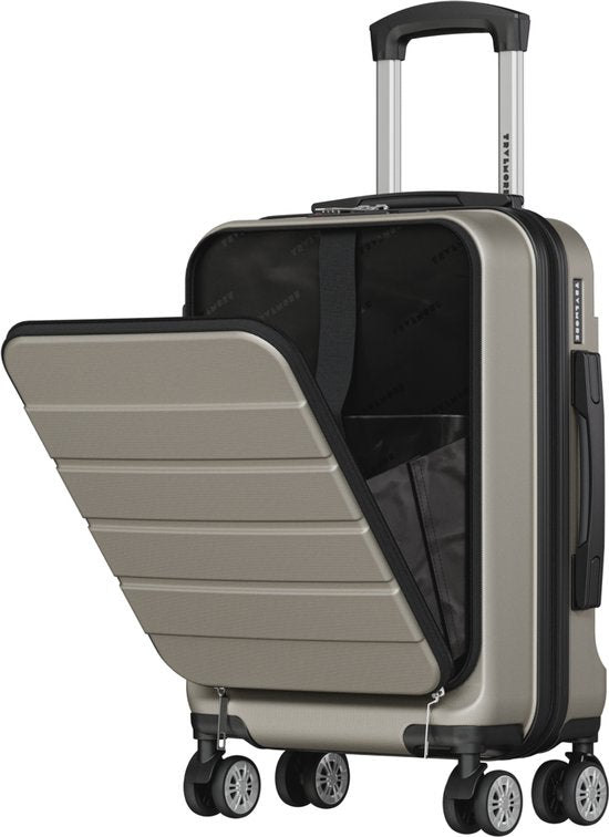 Valise TRVLMORE - 54 x 37 x 23 cm - Avec poche avant - 44 L - Cadenas TSA - 4 roulettes - Couleur champagne