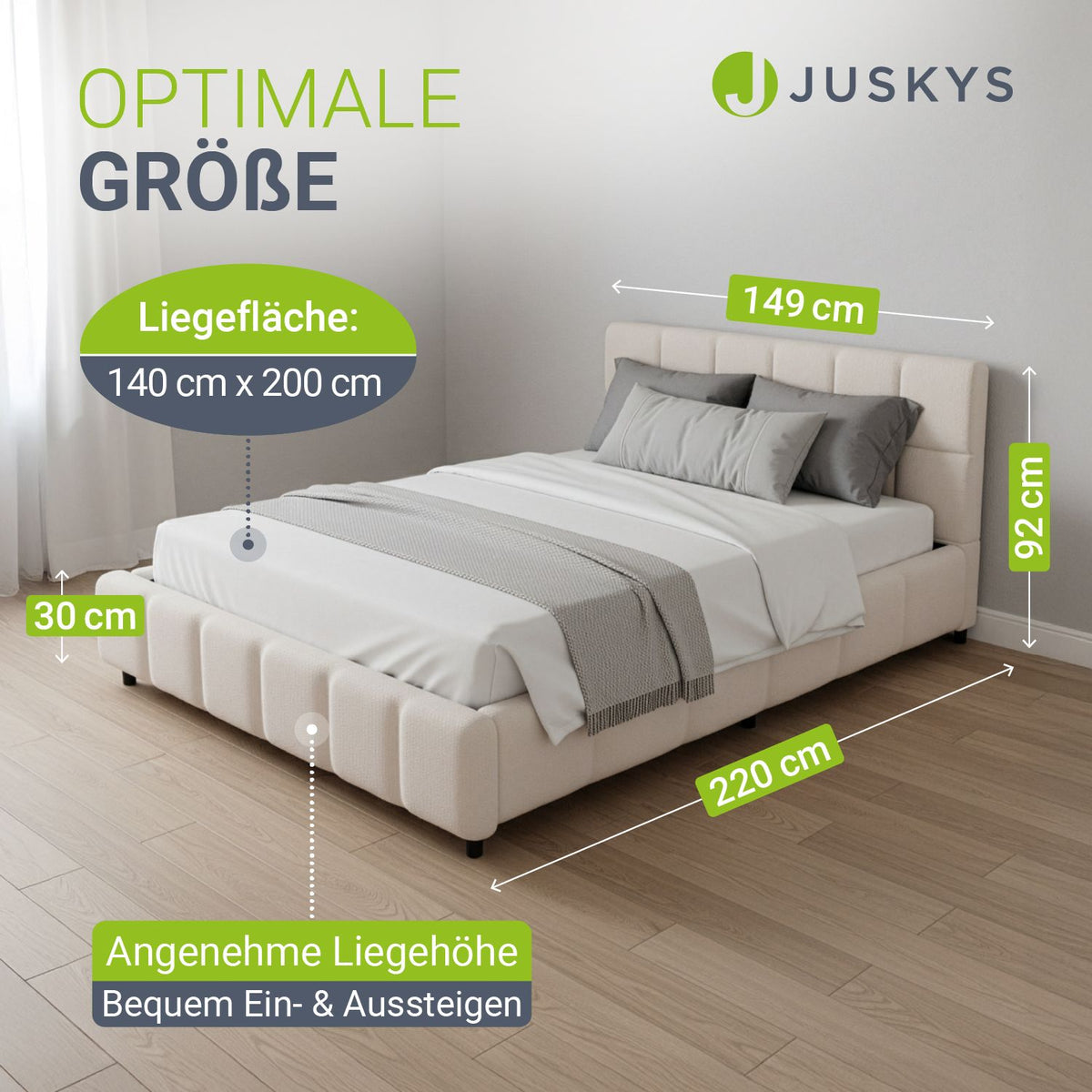 Lit rembourré Juskys Florenz - 140 x 200 cm - Bouclé - Crème