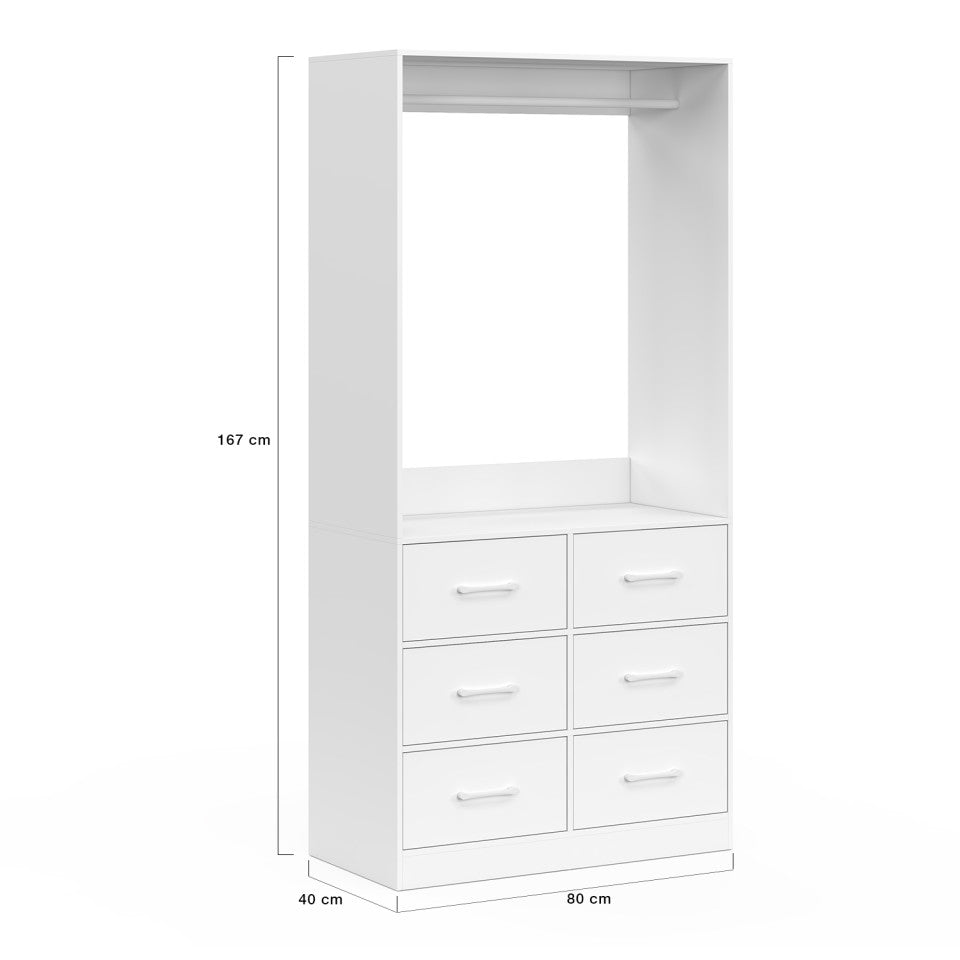 Armoire Uma blanche - 80 x 40 x 167 cm - Avec tringle à vêtements et 6 tiroirs