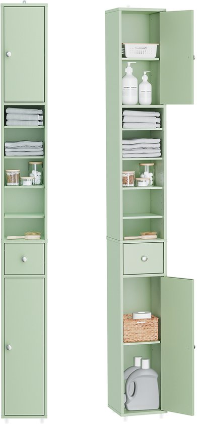 SoBuy Armoires de salle de bain hautes - Armoire de rangement avec étagères réglables et tiroir - Armoire colonne salle de bain - 20x180x20cm, Light Green, BZR34-II-GR - pour salle de bain, salon, chambre à coucher