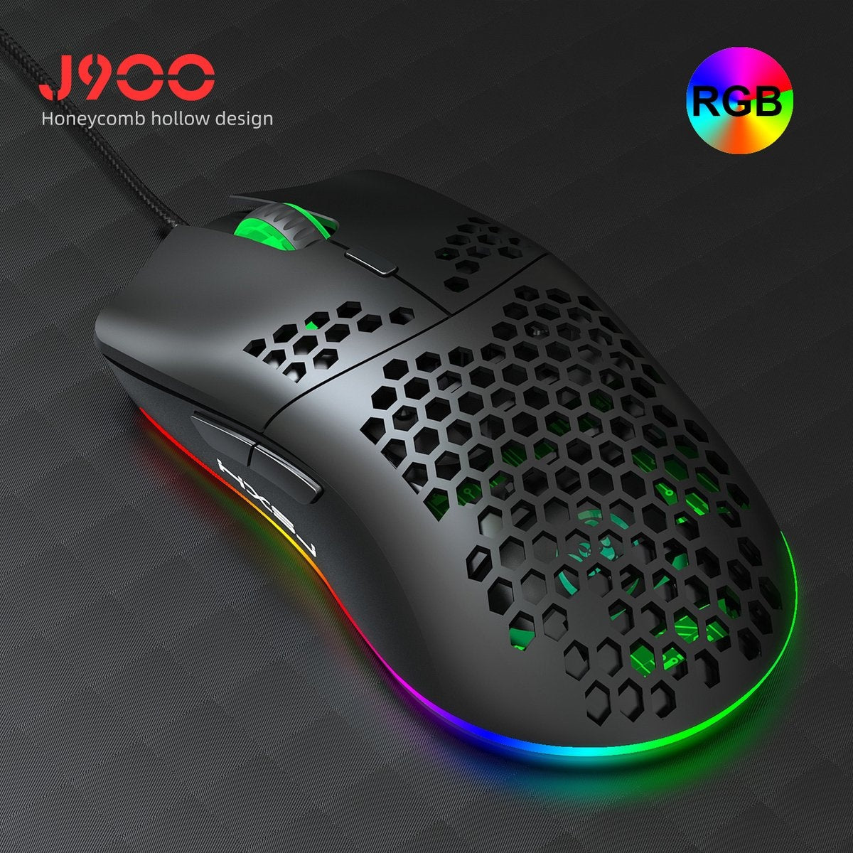 HXSJ J900 Souris de jeu optique - Ultra légère - Illumination RGB - 6400 DPI - Noir